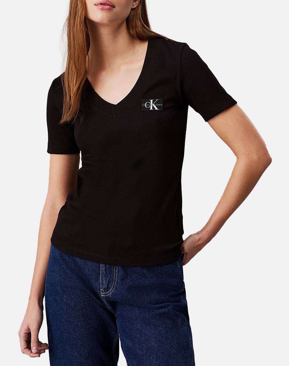 CALVIN KLEIN BLUZA WOVEN LABEL RIB V-NECK TEE