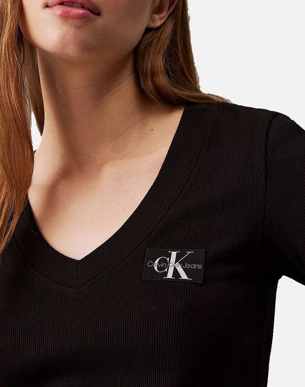 CALVIN KLEIN BLUZA WOVEN LABEL RIB V-NECK TEE