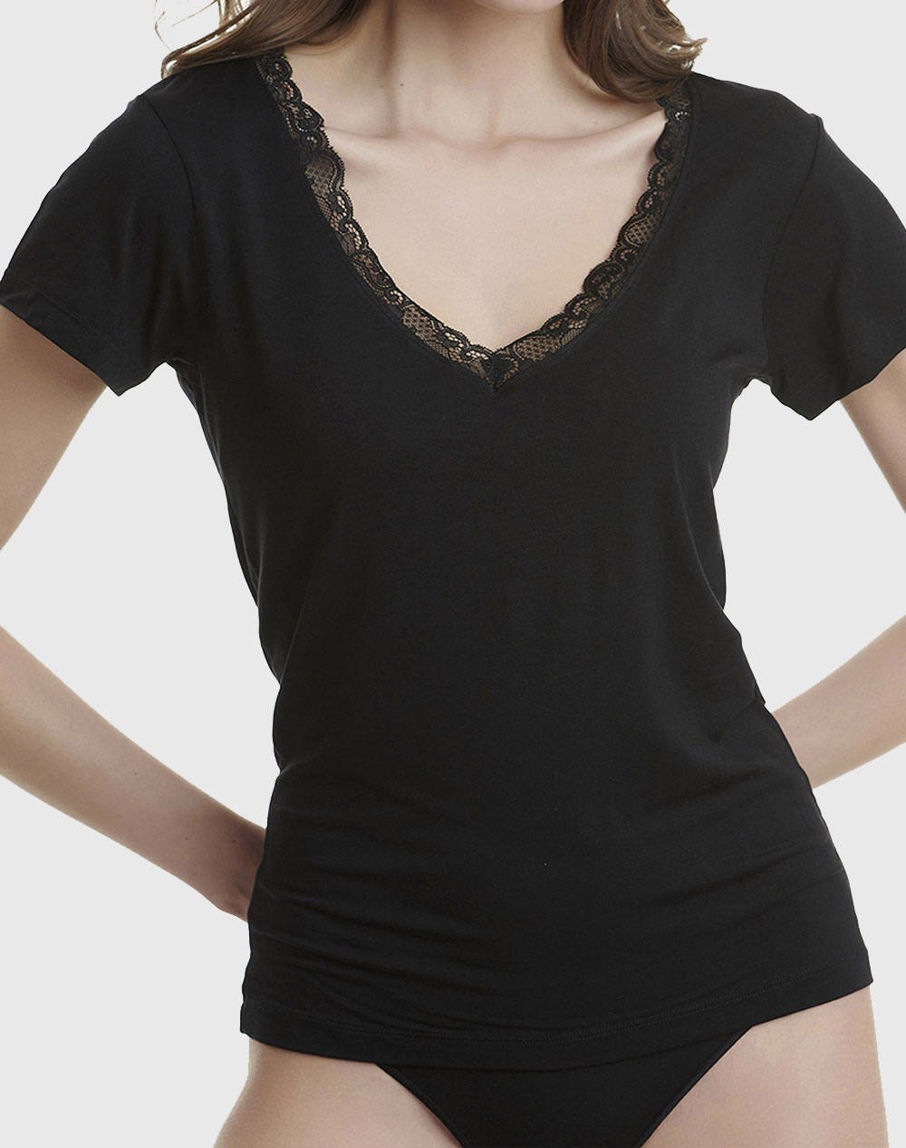 WALK DE DAMA V-NECK T-SHIRT DANTELA/BAMBOO