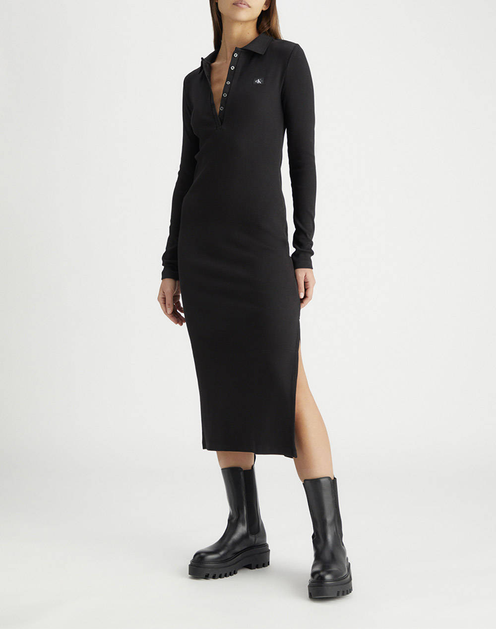 CALVIN KLEIN WOVEN LABEL RIB POLO LS DRESS