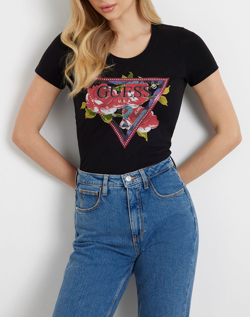 GUESS SS CN ROSES TRIANGLE TEE BLUZA DE DAMA