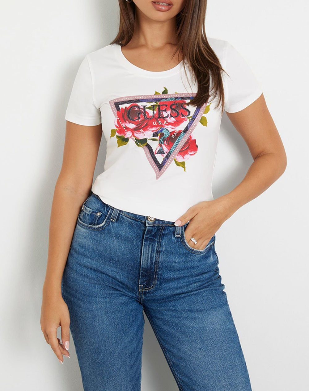 GUESS SS CN ROSES TRIANGLE TEE BLUZA DE DAMA