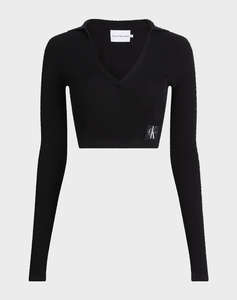 CALVIN KLEIN LABEL TIGHT CROP V-NECK SWEATER